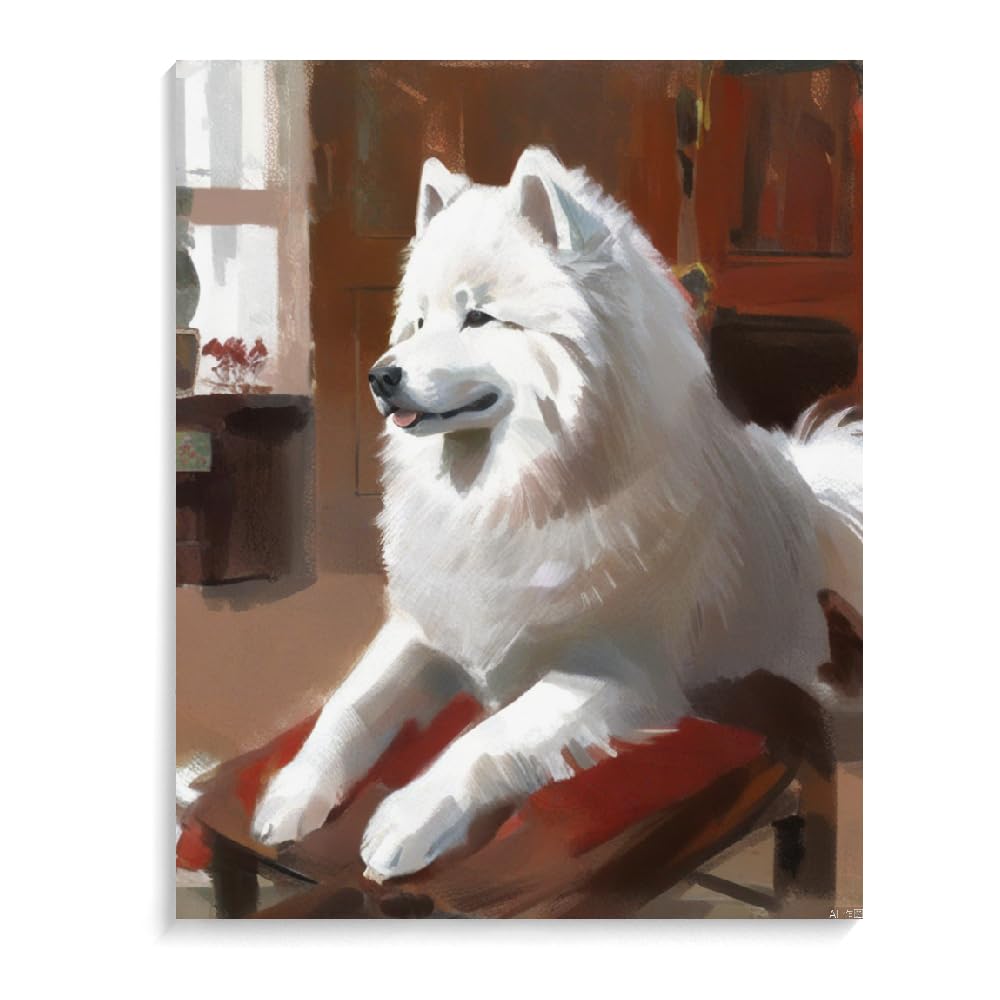 DIY Paint by Numbers Samoyed Dog on Canvas Painting Kits for Adult, Beginner Oil Painting Kits Gift 20x24inch(50x60cm) Frameless