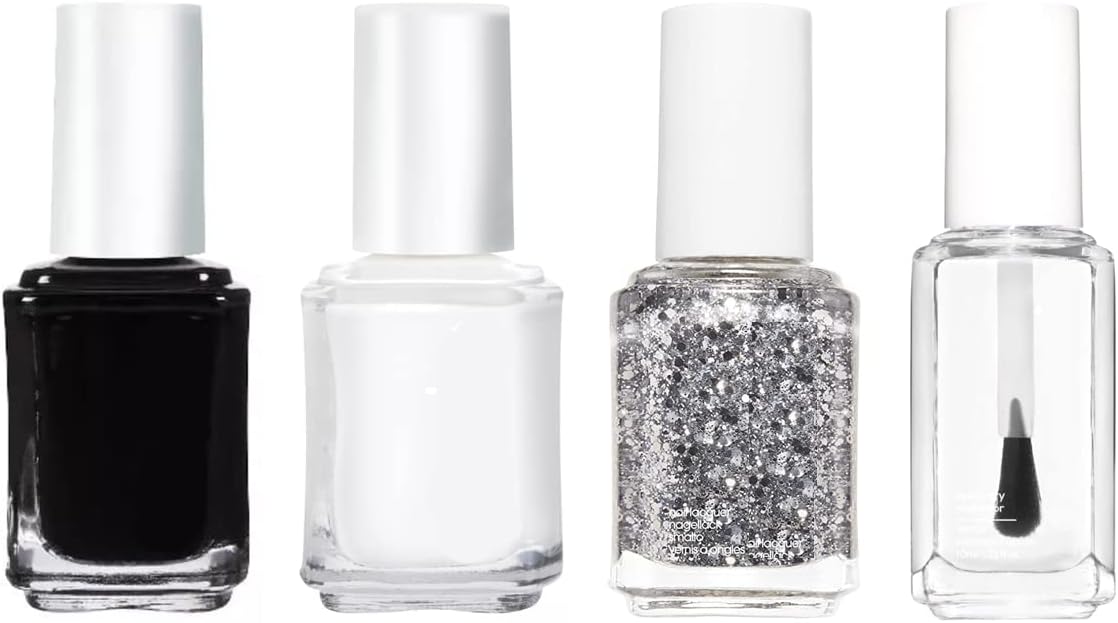 Calitate24 Nail Polish Set For Women Glossy Finish Nail Paints Long Lasting Enamel Multi-Color Black, White, Transparent And Silver Glitter Paints Latex-Free Quick Dry Formula (Set Of 4), 20 Ml