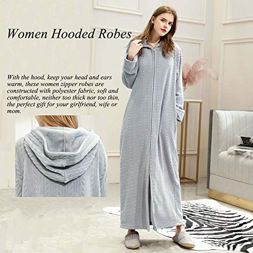 Hellomamma Long Hooded Zipper Bathrobe for Womens Flannel Fleece Robes Winter Warm Housecoat Nightgown Sleepwear Pajamas2