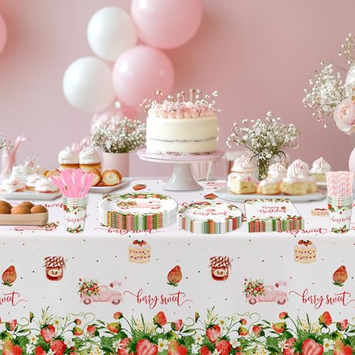 Image of Xigejob Strawberry Party Tablecloth Decorations, Disposable Summer Fruit Berry Sweet Theme Strawberry Table Cover for Birthday Baby Shower,3 Pack, 54in x 108in