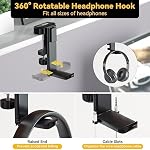 KDD 4 en 1 Organisateur de bureau - Crochet casque sous le bureau avec 2 Trous métalliques - Hante rotative casque et rangement amovible pour tasse, téléphone et stylo(noir)
