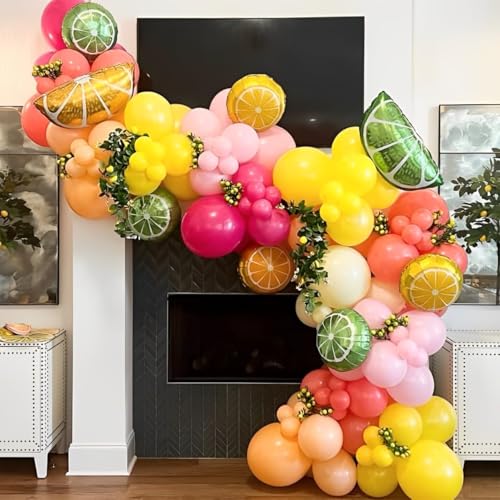 Lemon Balloon Arch Kit Pastel Pink and Yellow Balloon Garland with Citrus Mylar Balloon for Lemonade Fruit Lemon Theme Baby Shower Birthday Party Decoration