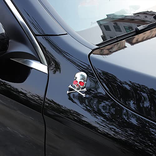 Image of 3D Skeleton Skull Emblem Car Side Rear Front Hood Trunk Door Fender Bumper Tail Box Car Motorcycle Personality Decoration Metal Badge Decal Sticker (1 PCS, Silver Red)