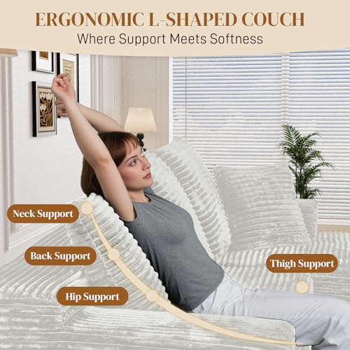 Image of 108 inch L Shaped Boneless Sectional Couches for Living Room, Comfy Corduroy Floor Cloud Sofa with Chaise, Wide Armrest, Deep Seat, Memory Foam, Assembly Free, Ideal for Small Spaces, White