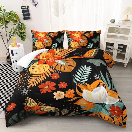Image of AILONEN Full Tropical Moth Comforter Set, Orange Floral Bedding, Black Botanical Leaf Decor, Lightweight Cozy Microfiber Teens Gamer Cool Loft