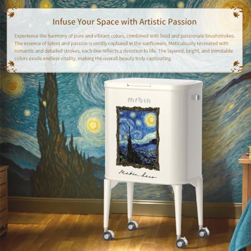 Image of MRBIN Metal Kitchen Trash Can with Wheel Legs, 36L / 9.5gal Medium Press Lid Slim Removable Waste Basket, Pet Proof Tall Narrow Garbage Pail for Vanity, Bedroom, Bathroom, Living Room, Starry Night