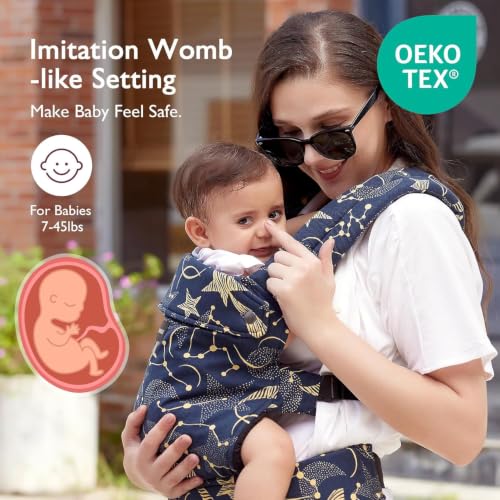 Image of Momcozy PureHug Baby Carrier-Ergonomic, Cozy & Lightweight for 3.2-20.4 kg | Easy to Put On, IHDI Hip-Healthy, 3D EVA Lumbar Support, X-Straps for Even Weight Distribution, 100% Cotton, Starry Night