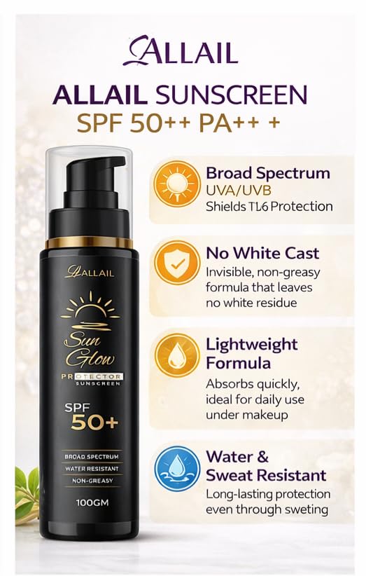 Image of ALLAIL SUN GLOW Protector Sunscreen, SPF 50+, Vitamin C and E Enriched, 100gm