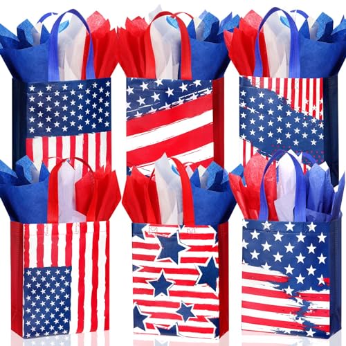 Clysee Reusable 4th of July Patriotic Non Woven Flag Gift Bags with Tissue Paper 6 Different Patterns Waterproof Red White Blue Tote Bags with Handle for Holiday Patriotic Party Favors(6 Pack)