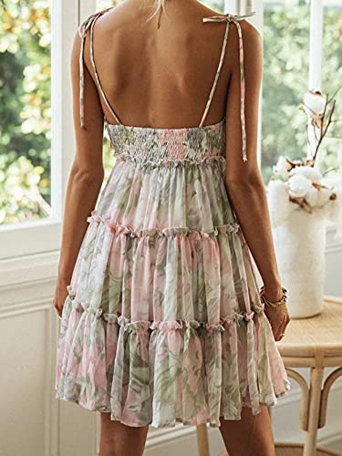Image of kinstell Women's Boho Spaghetti Strap Ruffle Square Neck Bowknot Backless Sleeveless Elegant Flowy Mini Short Skater Dresses