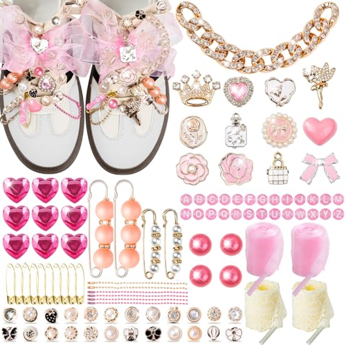 RQAYE 218 Pcs Shoe Charms for Sneakers,Junk Socks Charms Kit with Lace Shoelaces,Pink DIY Accessories for Decorating, Sock Jewelry Charms pins