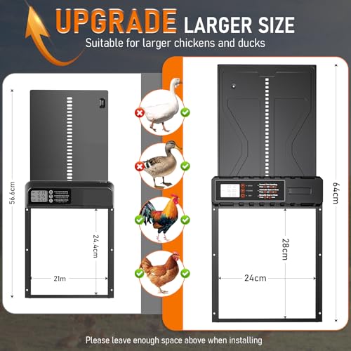 Rsaoty Automatische Hühnerklappe, Upgrade-Größe Automatische Hühnerklappe Batterie, Aluminiumlegierung Hühnertür mit Display, Intelligenter Einklemmschutz,Timer, Manuelle,für Sichere Hühnerhaltung
