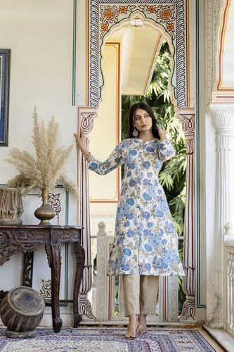 Image of Pistaa's Women Printed Mandarin A-Line Cotton Kurta With Palazzos