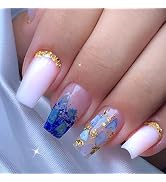 Coffin Press on Nails Medium Length Fake Nails French Tip Sparkling Blue Foil Flakes with Designs...