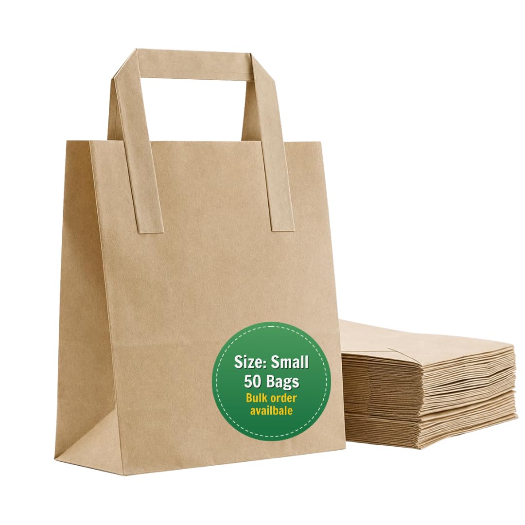 ezkart Pack of 50 - Small SOS Brown Paper with Handles Ideal Bags for Party, Weddings, Lunch, Christmas, Sweet, Takeaway & Grocery, Kraft Paper Bags, Food Gift Size (50, Small-18x22x9cm)