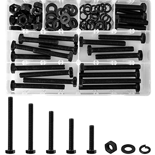 CYLBAQ Juego de tornillos hexagonales M8 DIN933 de acero al carbono, 96 unidades, color negro con anillos de resorte, tuercas, arandelas, tornillos roscados Cover