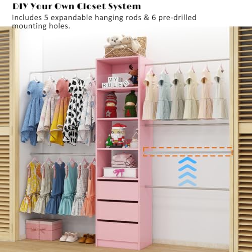 Closet-System-5FT-8FT-Custom-Closet-Organizer-System-99-Walk-in-Wood-Closet-Storage-System-with-Drawers-4-Expandable-Hanging-Rods-Wall-Mount-Pink Closet System 5FT 8FT Custom Closet Organizer System 99 Walk in Wood Closet Storage System with Drawers 4 Expandable Hanging Rods Wall Mount Pink