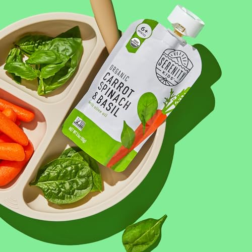Image of Serenity Kids Organic Baby Food Pouches, Carrot Spinach, 3.5 Oz, 12 Pack | No Added Sugar Puree, USDA Organic, Veggie-Led Carrot Spinach & Basil, Organic Baby Snacks, Baby Puree, Toddler Food