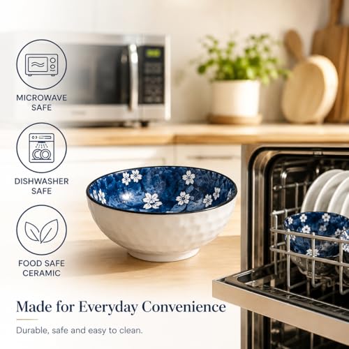 Image of Japanese Ceramic Bowl Set of 4 | 300ML Hand Painted Soup Rice Snack Bowls, Glossy Blue Floral Patterns, Textured White Exterior | Microwave & Dishwasher Safe Gift Set (Blue Ember)