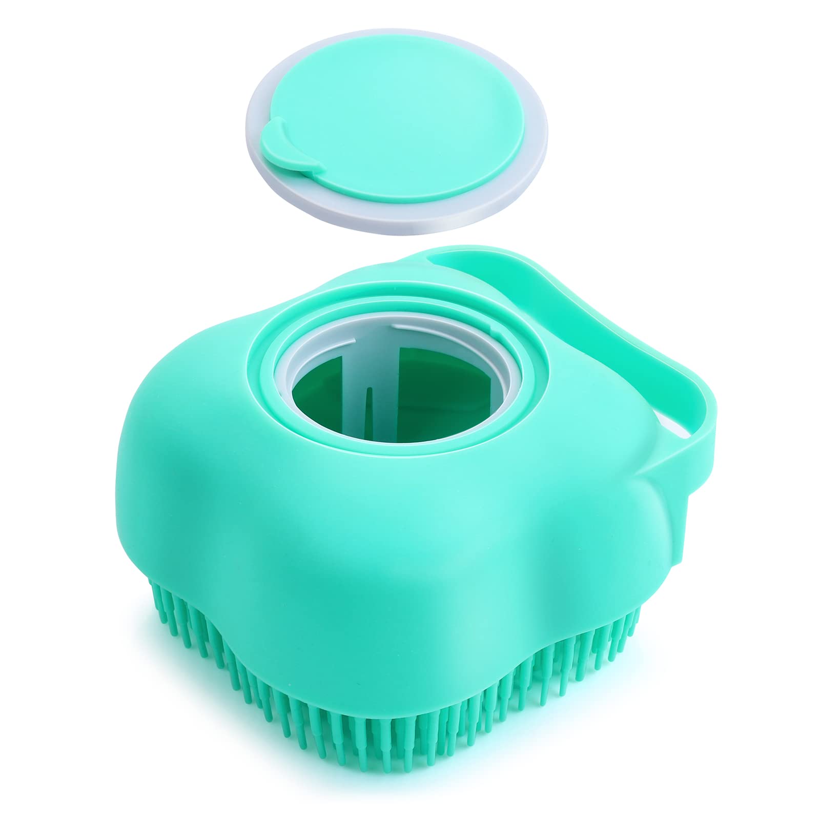 Molain Cepillo de baño para perros y gatos, cepillo de goma de silicona, cepillo de masaje para cachorros, cepillo de limpieza de pelo suave, dispensador de champú (azul claro)