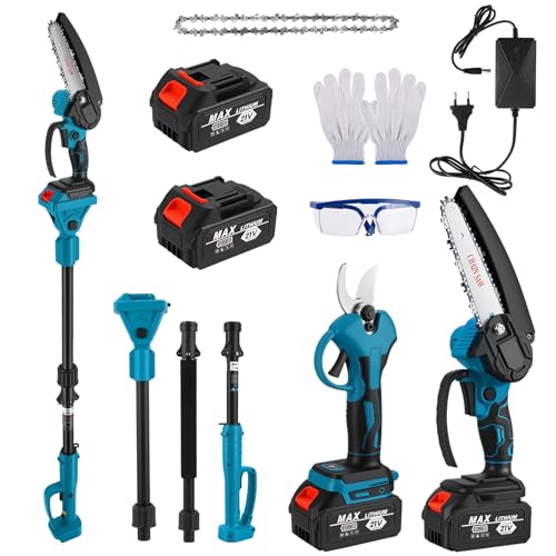 4 en 1 Podadora de Pértiga Inalámbrica, 6'' Motosierra Eléctrica sin Cable, Tijeras de Podar Eléctricas con Pértiga Ajustable de 1,32 a 2,3 m, con 2 Baterías y Cargador para Poda y Jardinería