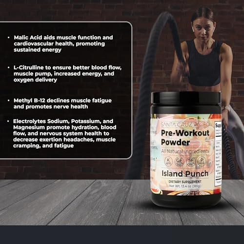 Image of Santa Cruz Paleo Pre Workout Powder Electrolytes, Magnesium, Potassium, Sea Salt & L Citrulline, Caffeine & Sugar Free Preworkout Drink Mix for Energy & Hydration, Island Punch Flavor, 30 Servings