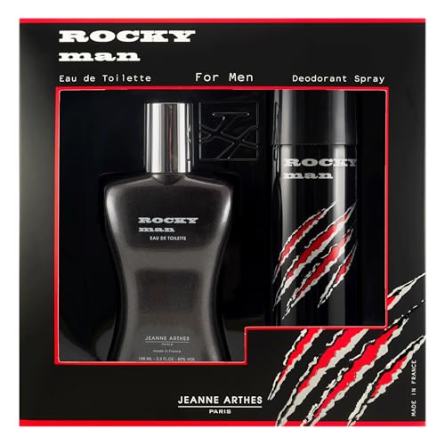 JEANNE ARTHES - Coffret Cadeau pour Homme - Rocky Man - Eau de toilette 100 ml + Déospray 200 ml - Parfum Musc Santal - Fabriqué en France à Grasse