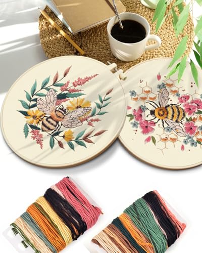 Image of TINDTOP 2 Pack Embroidery Kit for Adult, Embroidery DIY Starter Kit, with Stamped Patterns, Hoop, Tools, Colorful Threads with Needles, Instructions (Bee) | with Stamped Patterns, Hoop, Tools, Colorful Threads with Needles, Instructions (Bee)