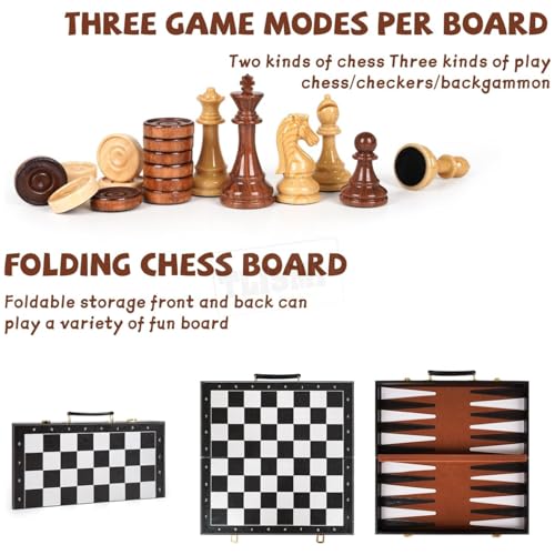 Image of Chess Checkers Backgammon 3 in 1 Board Games for Kids and Adults | Foldable Magnetic Portable Travel & Educational Indoor Activity Game Set | Suitable for Boys and Girls (15 Inches)