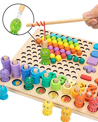 image for UNIH Wooden Number Sorting for Toddlers,13 in 1 Preschool Clip Beads M