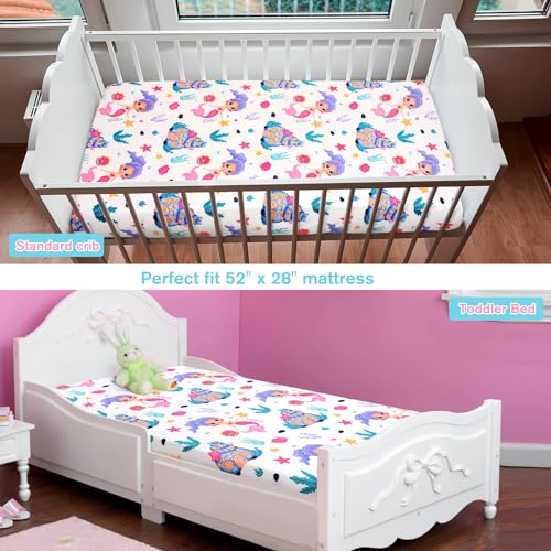 Image of JISEN Baby Crib Sheets - Soft Breathable Fitted Sheet for Standard Crib and Toddler Mattress, Baby Bed Sheets for Boys Girls Neutral, 52x28 Inch, White Mermaids