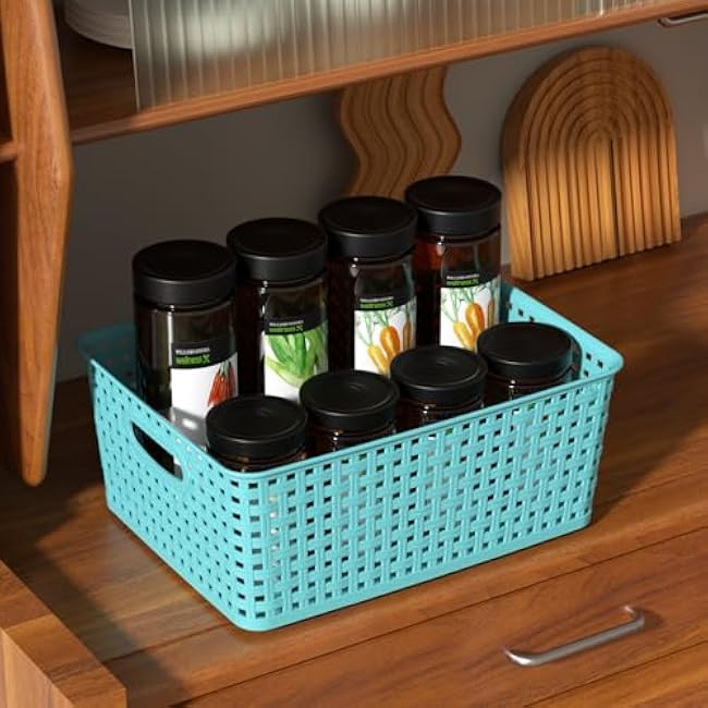 Medium Plastic Woven Storage Basket, Colorful Storage Basket, 4 Packs