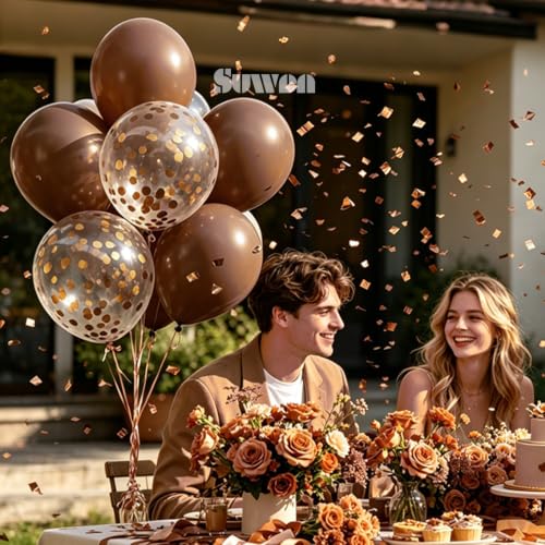 Image of SUWEN 47PCS Brown Latex and Confetti Dark Coffee Brown Balloons Set