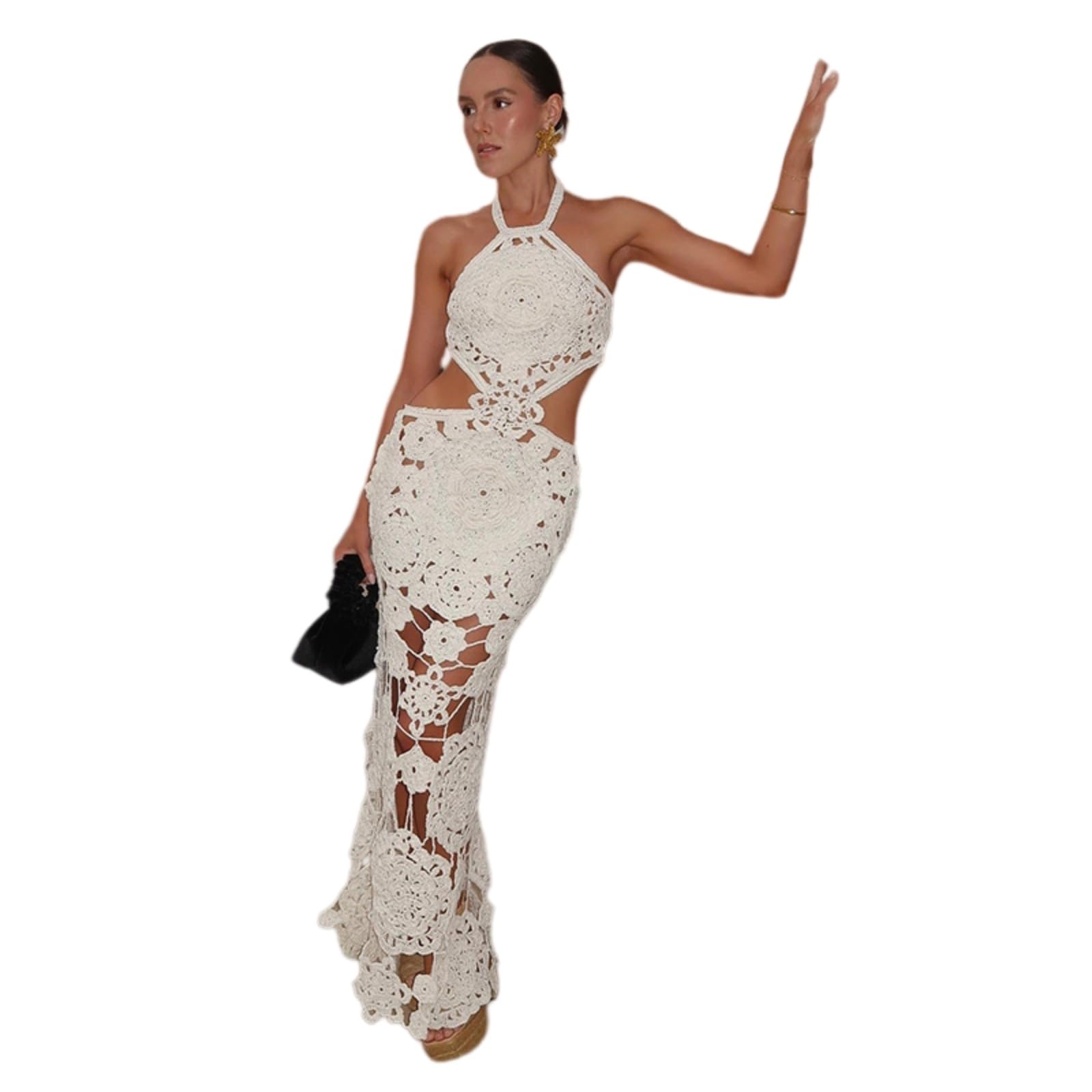Robe crochet femme fleur maxi tricotée dos nu halter