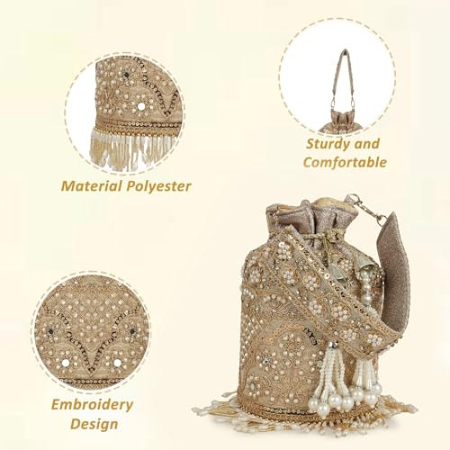 Image of Nevis Silk Fabric Designe Embroidered Potli Bag with Pearl Tassels & Beaded Strap | Bridal Ethnic Drawstring Clutch for Wedding