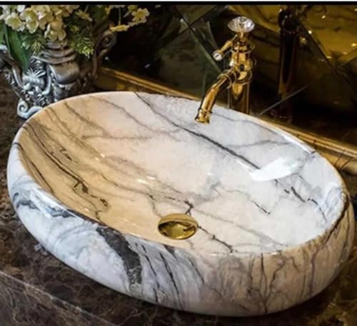 Image of Designer Counter Top Wash Basin | Tabletop Ceramic Bathroom Sink | Wash Basin Over Counter | Wash Basin For Bathroom, Living Room (24 x 15 x 6 Inch) (Glossy Off-White N Black Strip)