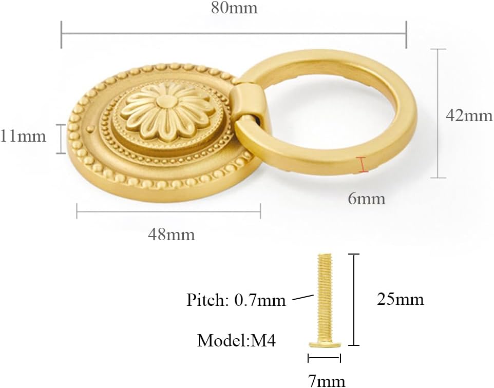 Brass Cabinet Rings Gold Knobs, Drawer Round European Handles Antique Gold Knobs for Home Kitchen, 8 Pack