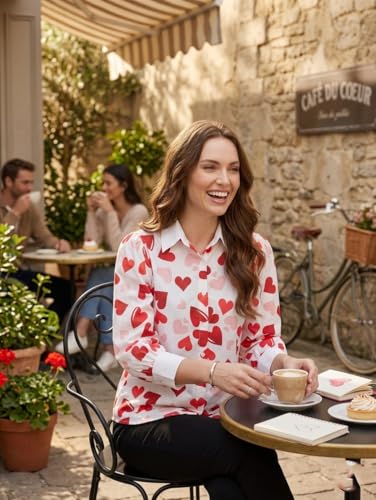 Image of GRECIILOOKS Printed Shirts for Women`s | Stylish Heart Print Full Sleeve Shirt for Women | Comfortable Rich Collared Womens Shirt |Casual Trendy Outfit