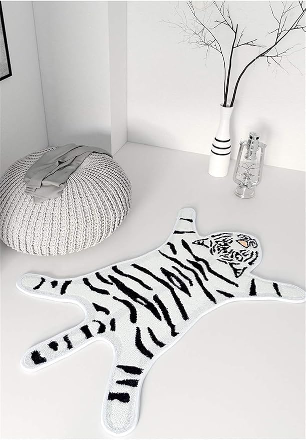 Tiger Print Rug Cartoon Cute Faux Area Rugs Fluffy Animal Print Mat Carpet Kids Small Rugs for Playroom Room Home Decor,White (2x13 Runner)