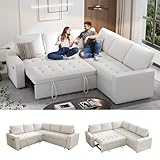 Sunny Heart Chenille Modular Sectional Sleeper Sofa with Pull Out Bed, L Shaped Sectional Sofa with USB Ports/Adjustable Backrest/Storage Seats, Tool-Free Assembly, Couches for Living Room Beige