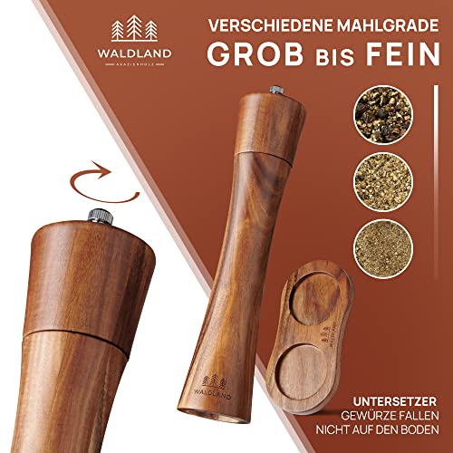 WALDLAND® Wooden Salt and Pepper Mill with Saucer Very Large (25.5 cm) Spice Mill with High Performance Ceramic Grinder Pepper and Salt Mill Set - Image 4
