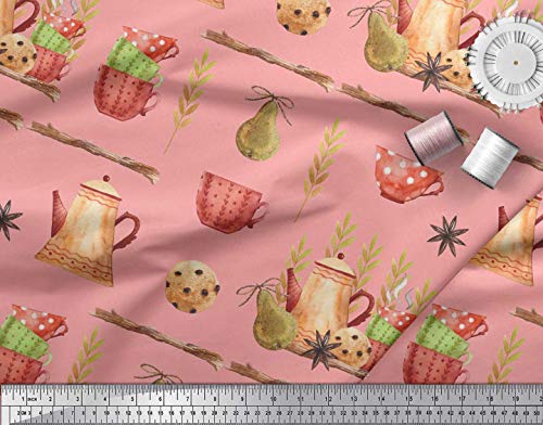 Soimoi Pink Silk Fabric Kettle & Cups Kitchen Print Fabric by the Yard 42 Inch Wide - Image 2