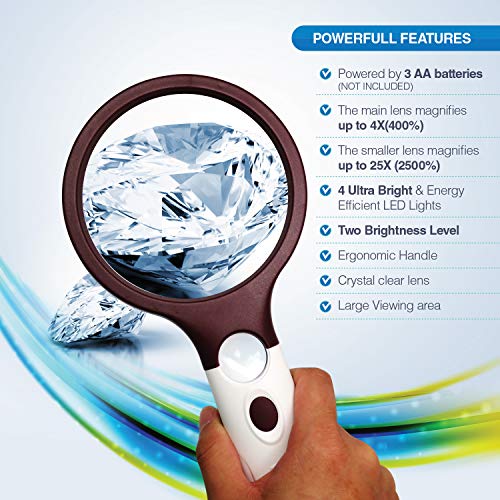 Extra Large 4X Magnifying Glass with 3 Ultra Bright LED Lights & 25X Zoom Lens, Adjustable Brightness for Reading Small Prints, Aging Eyes Seniors & Hobbies