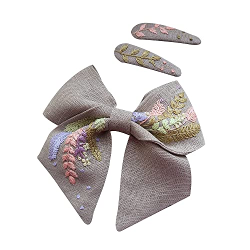 Embroidered Linen Floral Hair Bows Elastic Tie And Hair Bow Clips For Baby Girls Women, Vintage Linen Bow Hair Accessories For Girls Women, Hair Bow Multicolor (Grey 3, Hair Bow Clip) #TOP28
