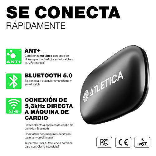 Atletica A5 | Monitor de frecuencia cardíaca | La única Banda de Pecho Que se Conecta a los Tres estándares 5.3 kHz, Bluetooth y Ant+| Compatible con Apple Samsung Huawei Xiaomi Garmin