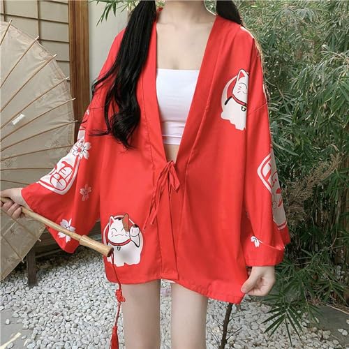 Image of LAI MENG FIVE CATS Women's Lucky Cat Cardigan Kimono Loose Cover up Casual Blouse Cute Tops