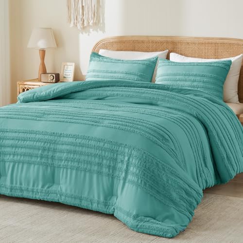 Image of BEDELITE Boho Comforter Set Queen Size, Aqua Tufted Striped Bed Set 3 Pieces, Soft Vintage Farmhouse Comforter for All Seasons, Boho Home Decor,Fluffy Jacquard Bedding with 2 Pillow Shams