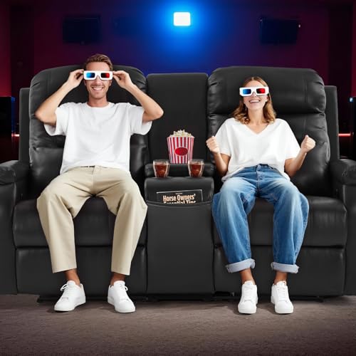 Image of RV Loveseat Recliner with Console, Reclining Loveseat Sofa, Manual Home Theater Seating with Pockets /Cup Holders for Living Room /RV Furniture (Black Pu + LED)