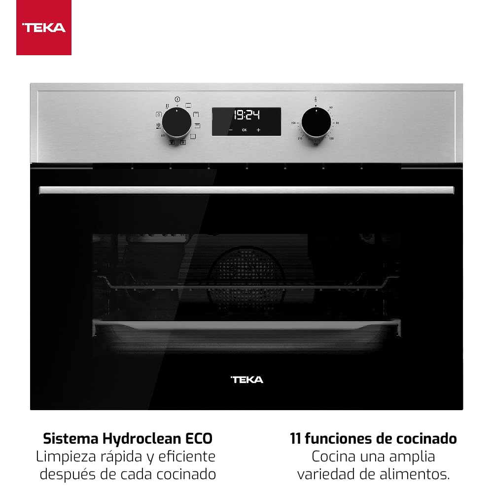 TEKA HSC 635 P S Four compact pyrolytique multifonction de 45 cm, système de nettoyage avec HydroClean PRO, 8 fonctions de cuisson, contrôle tactile, chauffage rapide, couleur acier inoxydable