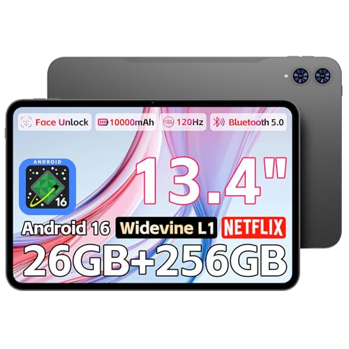TECLAST T65 Tablet 13.4 Inch Android 16 Tablet 26GB RAM 256GB ROM(TF 4TB) 10000mAh 120Hz 2.2GHz gaming Tablet 4G LTE Dual SIM 1920x1200 IPS Quad-Core Large Tablet 5+13MP GPS Widevine L1